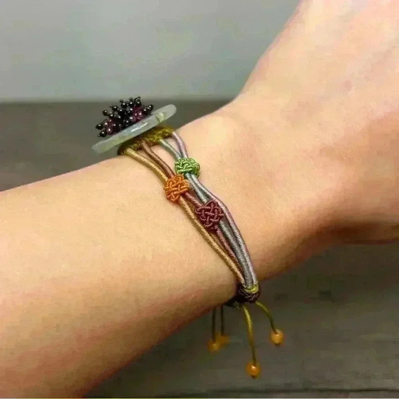 Vintage Beaded Flower Green Jade Stone with Braided Accents Buckle Bracelet - Picture 4 of 5